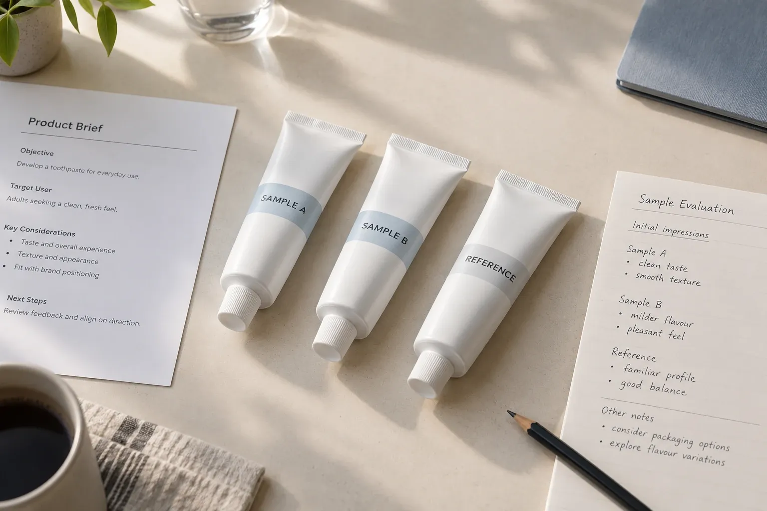 AI-generated illustration of toothpaste samples A and B beside a reference tube, a product brief and review notes.