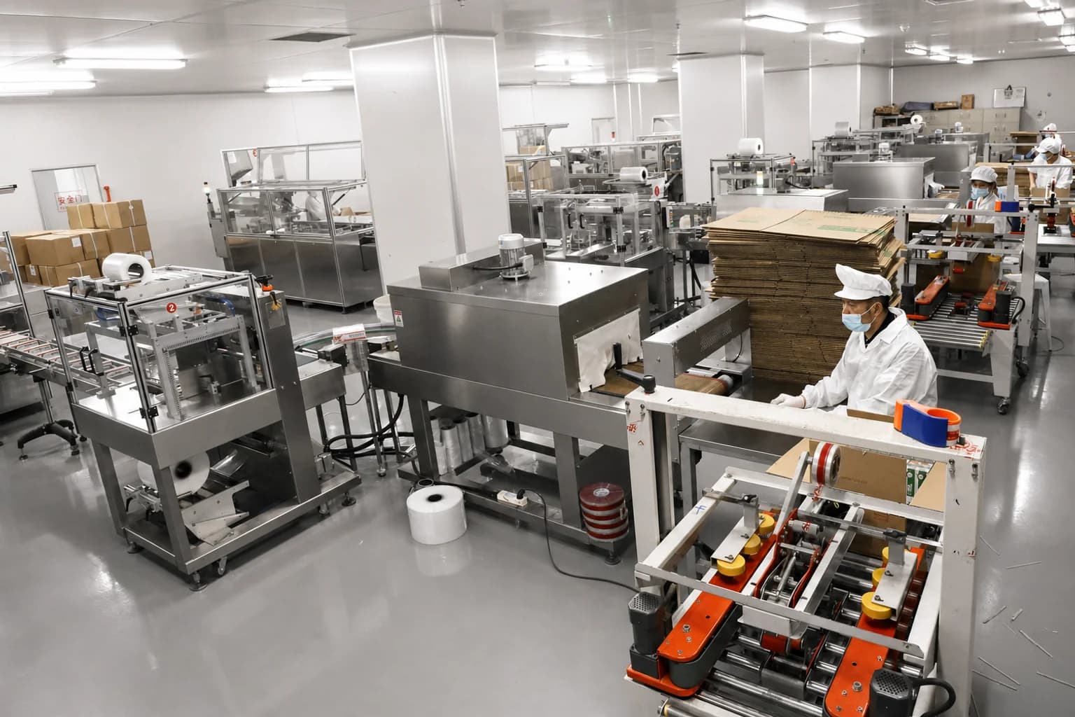 Airsun packaging workshop with production equipment, carton sealing lines and operators.