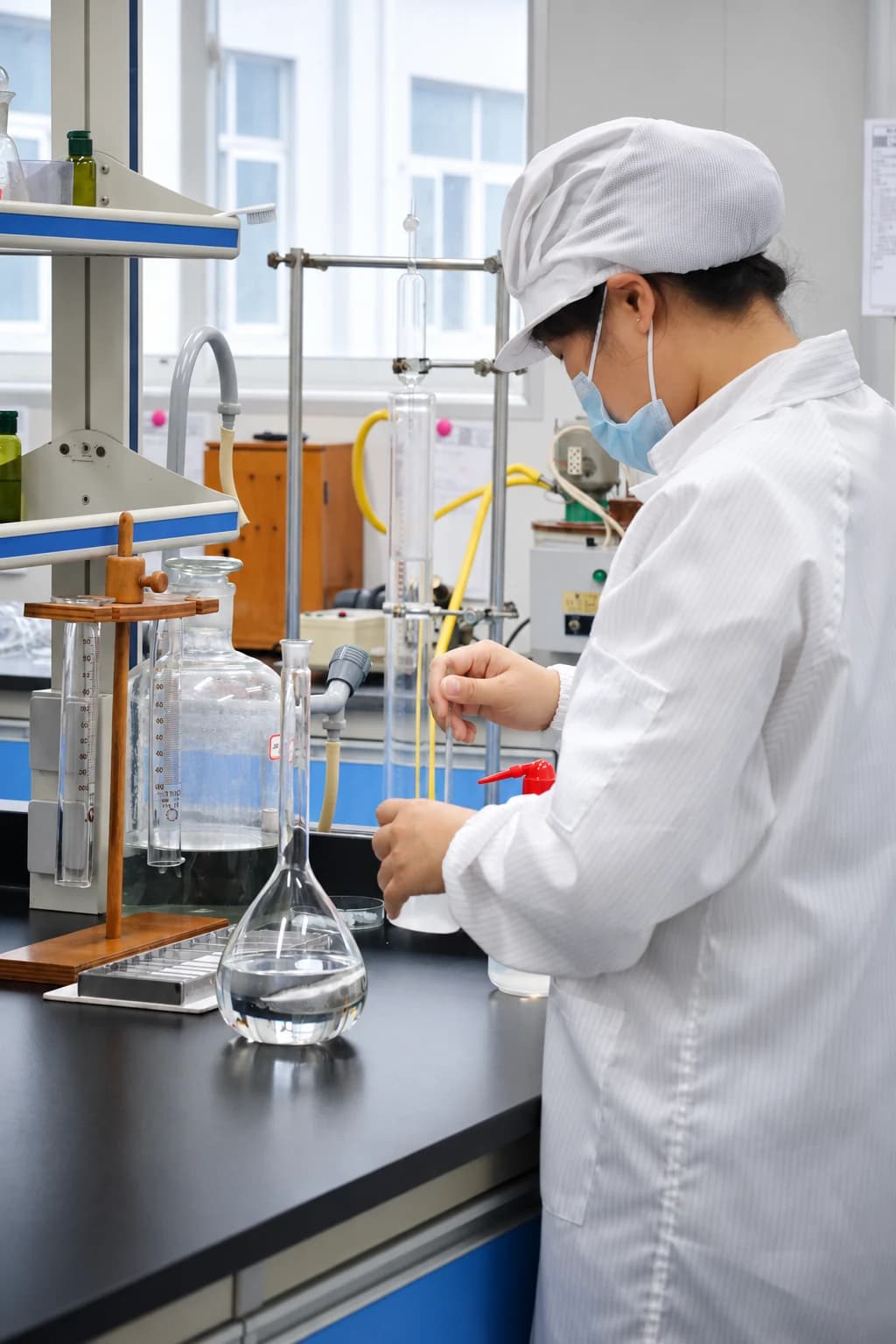 Un técnico del laboratorio de Airsun trabaja con material de vidrio y equipos de ensayo.