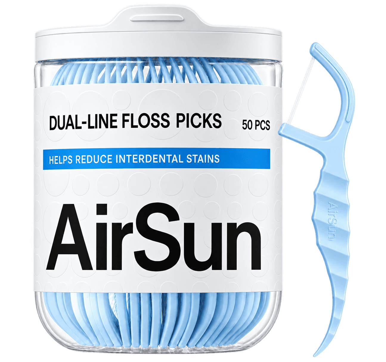 AirSun Dual Line Floss Picks, 50 blue picks in a clear reclosable container
