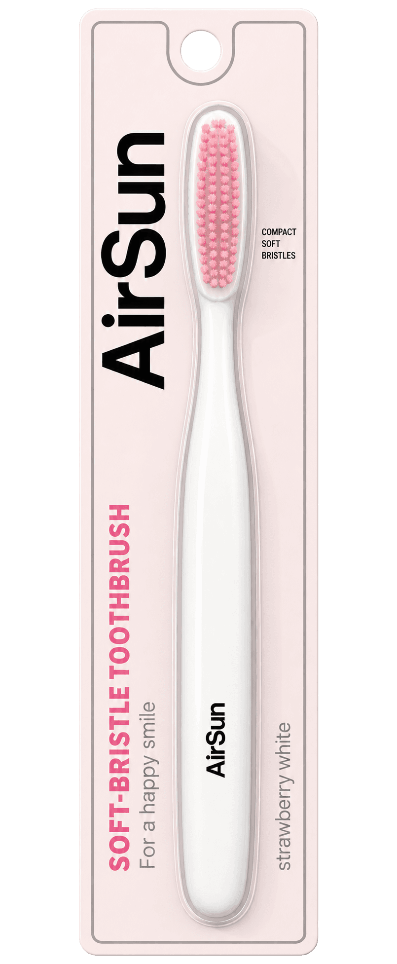 AirSun Soft Bristle Toothbrush, compact head and pink bristles in a single-unit blister pack